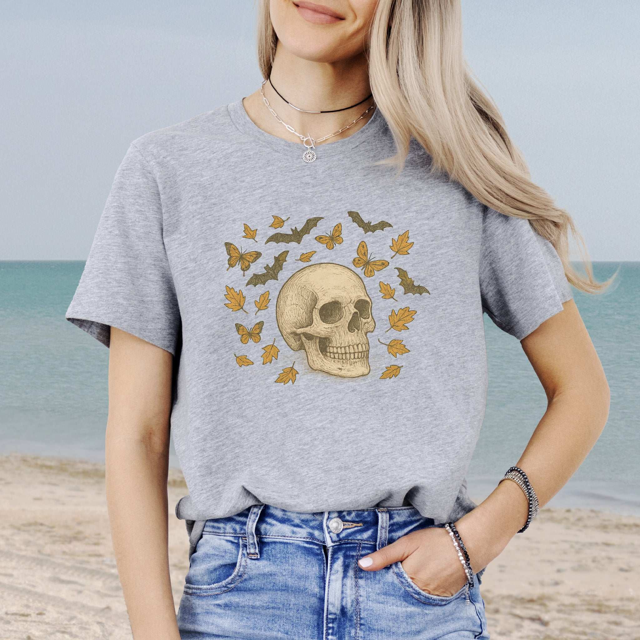 Autumn Skull T-Shirt – Vintage Bats, Butterflies & Fall Leaves