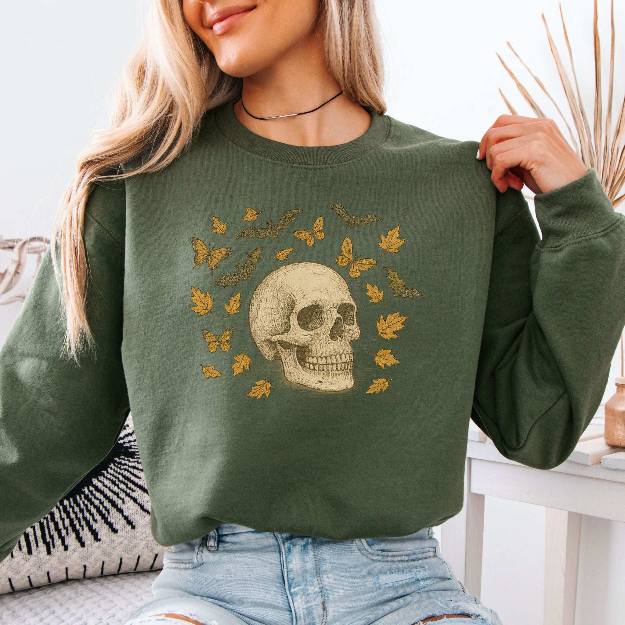 Autumn Skull Sweatshirt – Vintage Bats, Butterflies & Fall Leaves