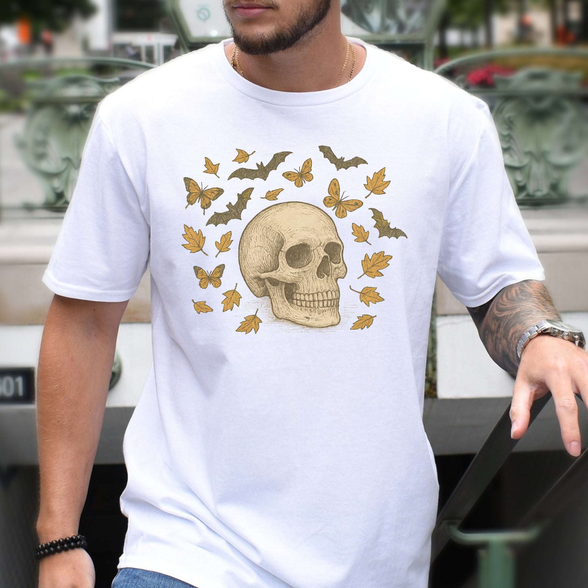 Autumn Skull T-Shirt – Vintage Bats, Butterflies & Fall Leaves
