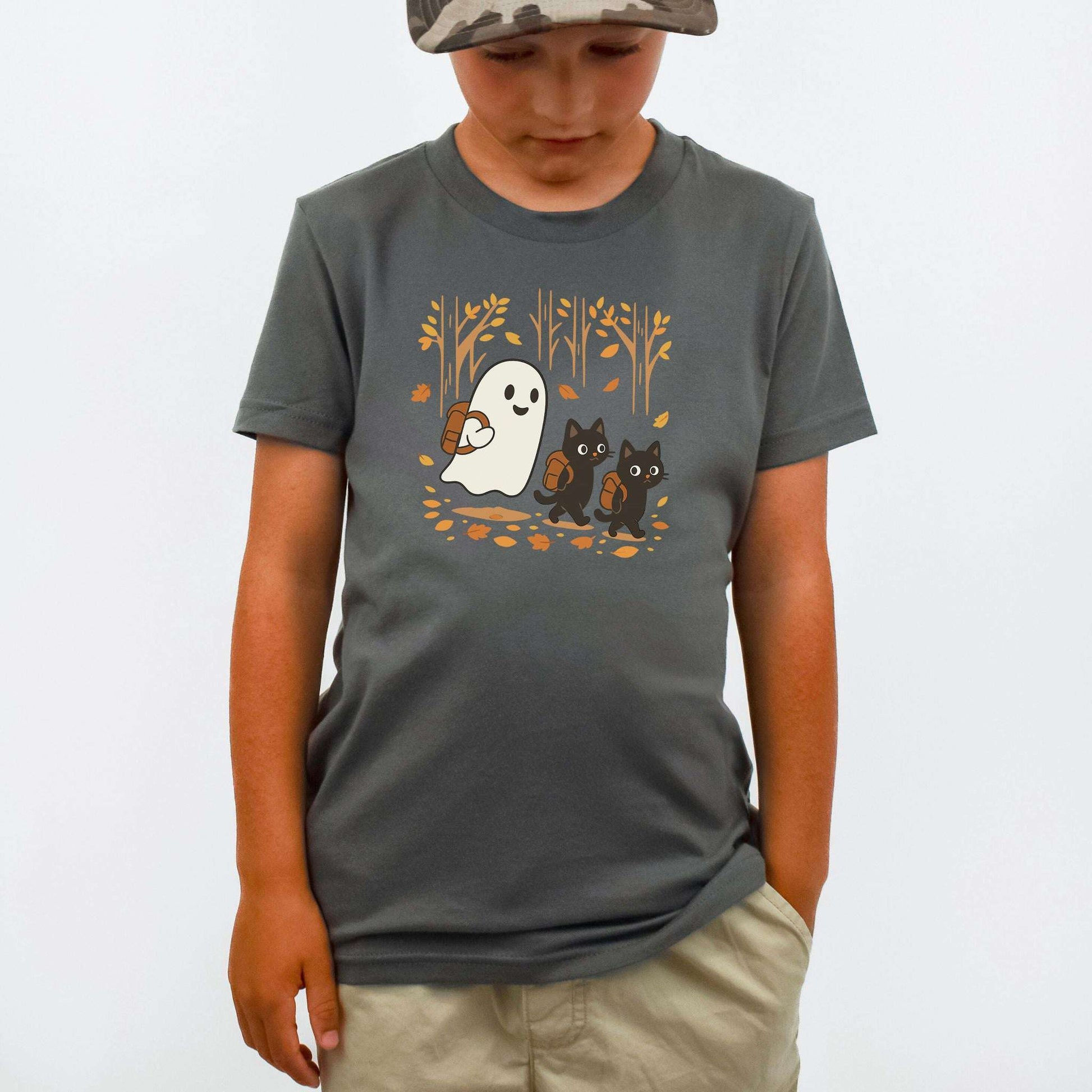 Autumn Ghost & Black Cat Youth Tee – Cozy Spooky Hiking Vibes