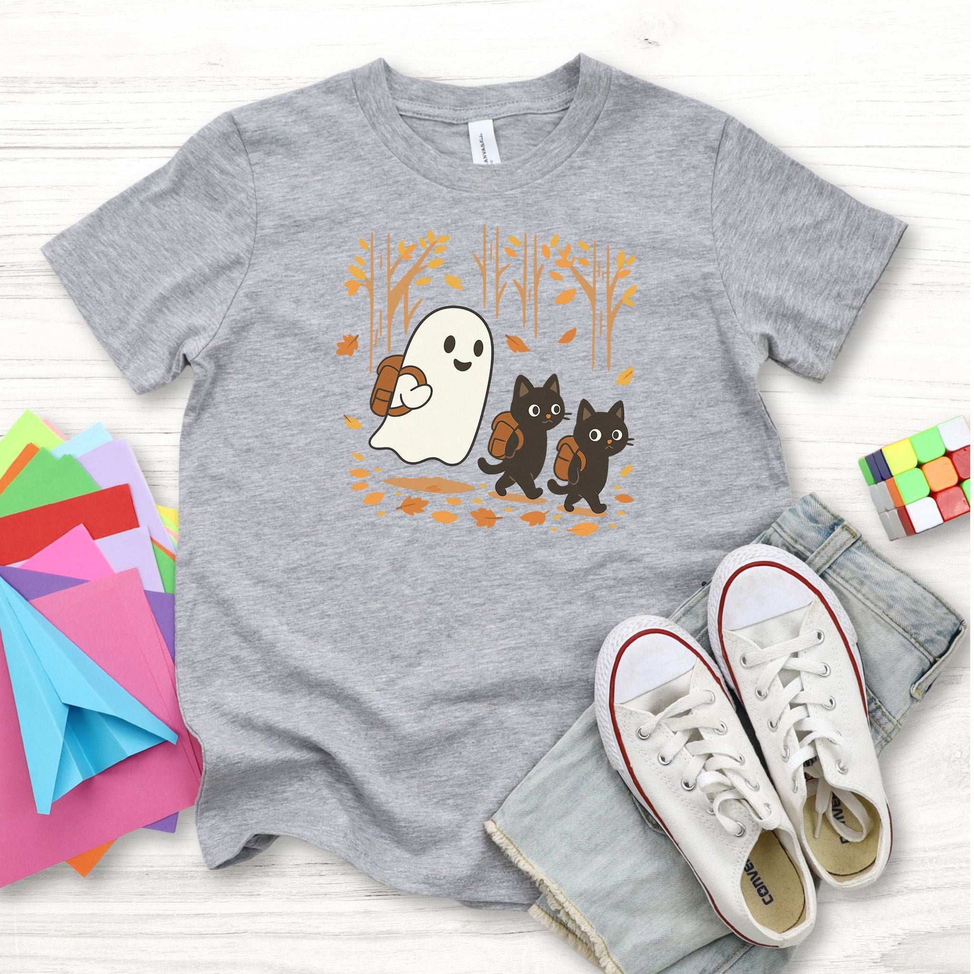 Autumn Ghost & Black Cat Youth Tee – Cozy Spooky Hiking Vibes