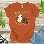 Autumn Ghost & Black Cats T-Shirt – Cozy Spooky Hiking Vibes