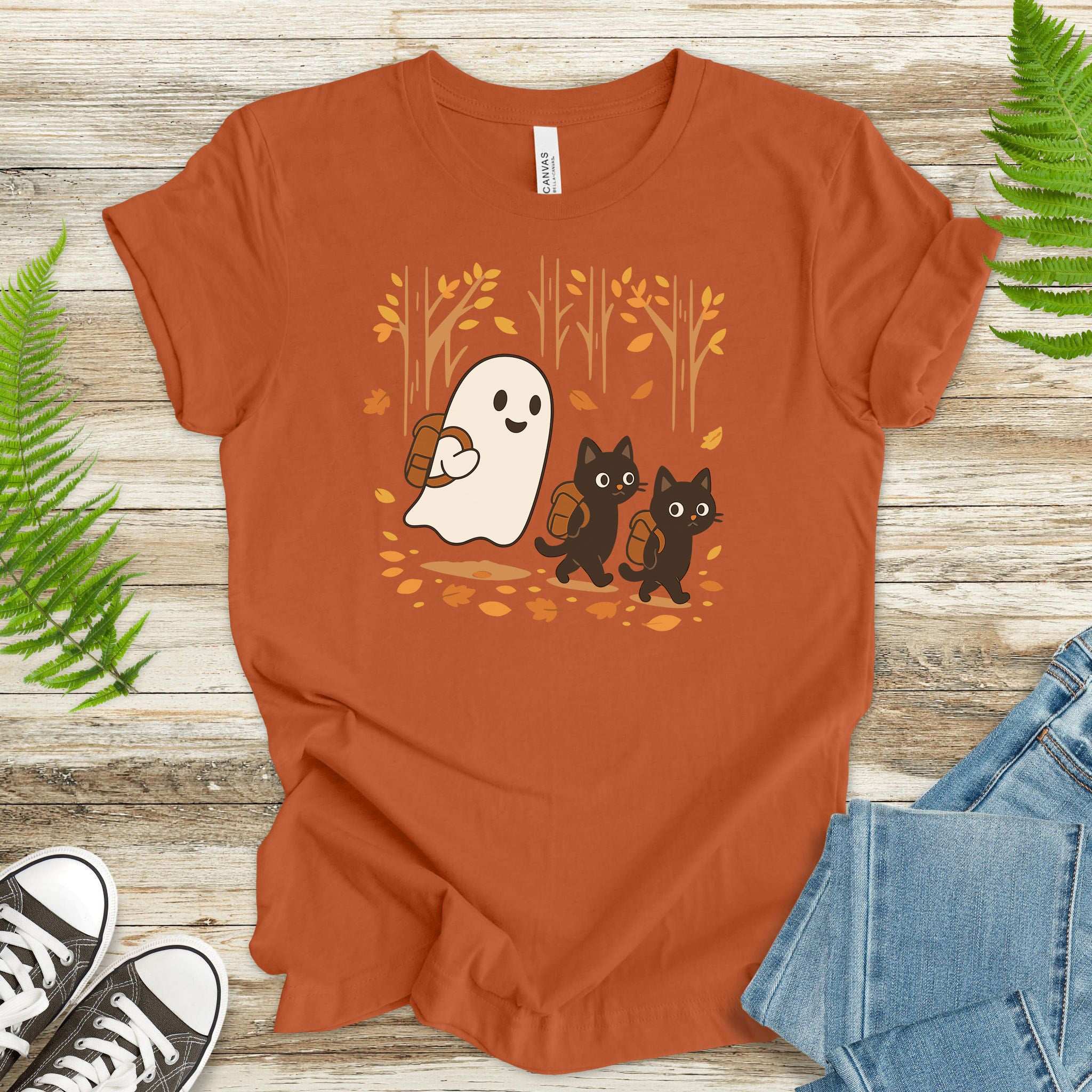 Autumn Ghost & Black Cats T-Shirt – Cozy Spooky Hiking Vibes