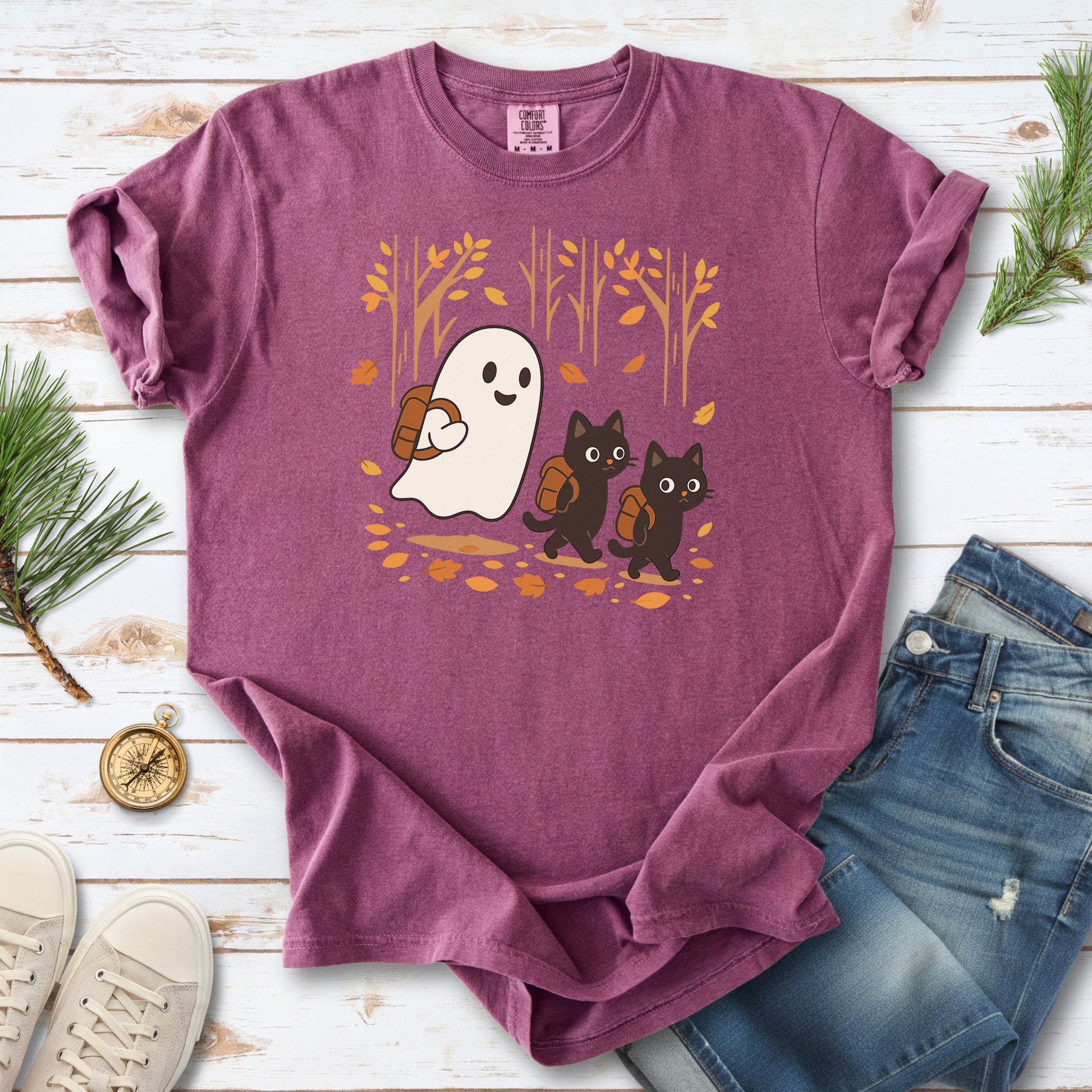 Autumn Ghost & Black Cats Comfort Colors Shirt – Cozy Spooky Hiking Vibes