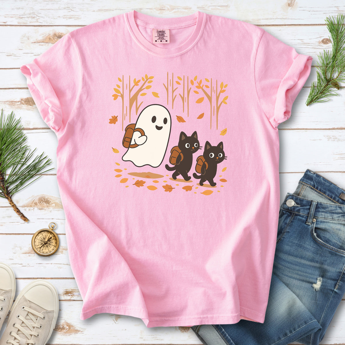 Autumn Ghost & Black Cats Comfort Colors Shirt – Cozy Spooky Hiking Vibes