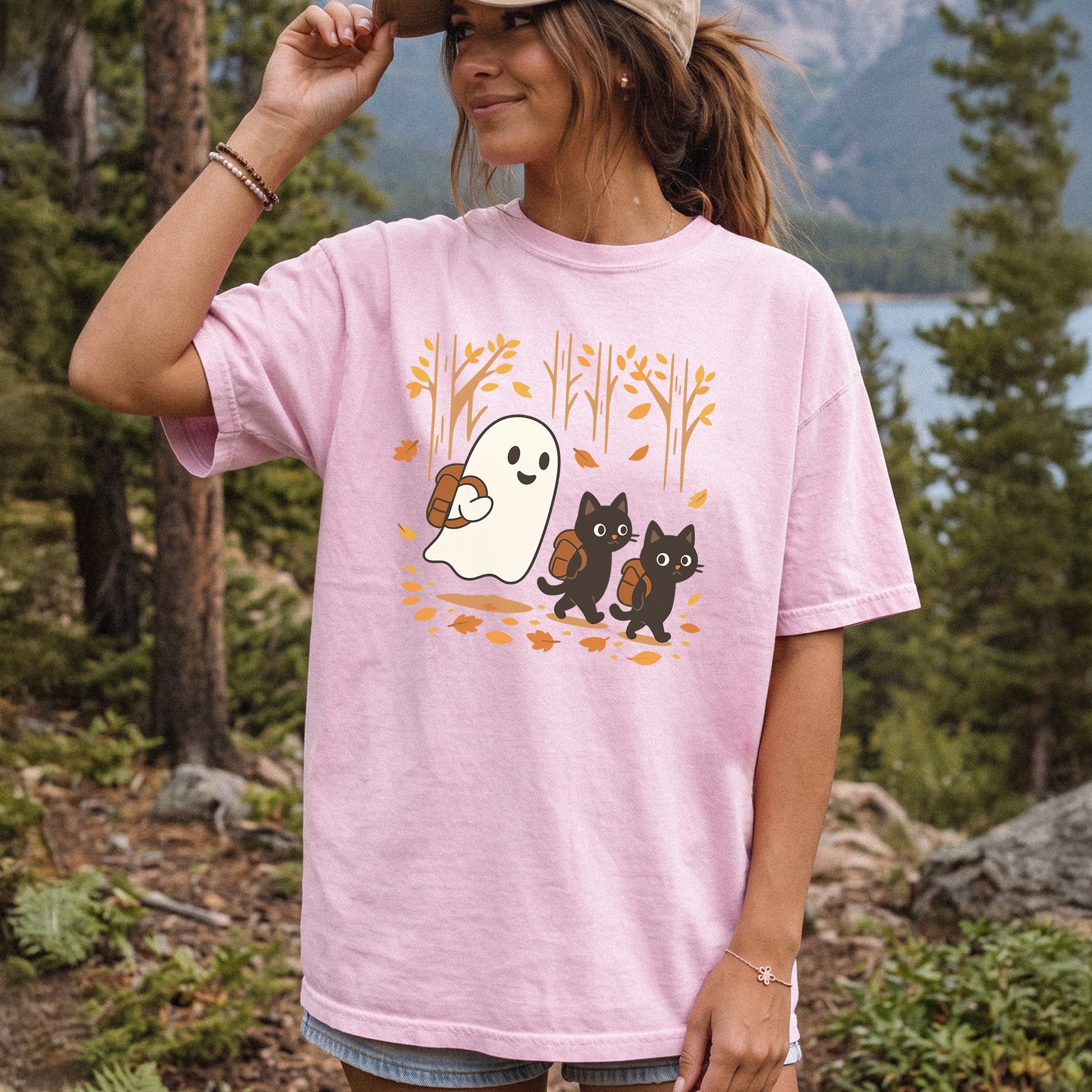 Autumn Ghost & Black Cats Comfort Colors Shirt – Cozy Spooky Hiking Vibes