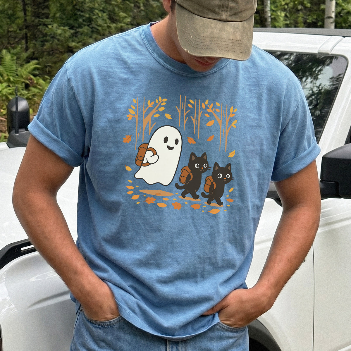 Autumn Ghost & Black Cats Comfort Colors Shirt – Cozy Spooky Hiking Vibes