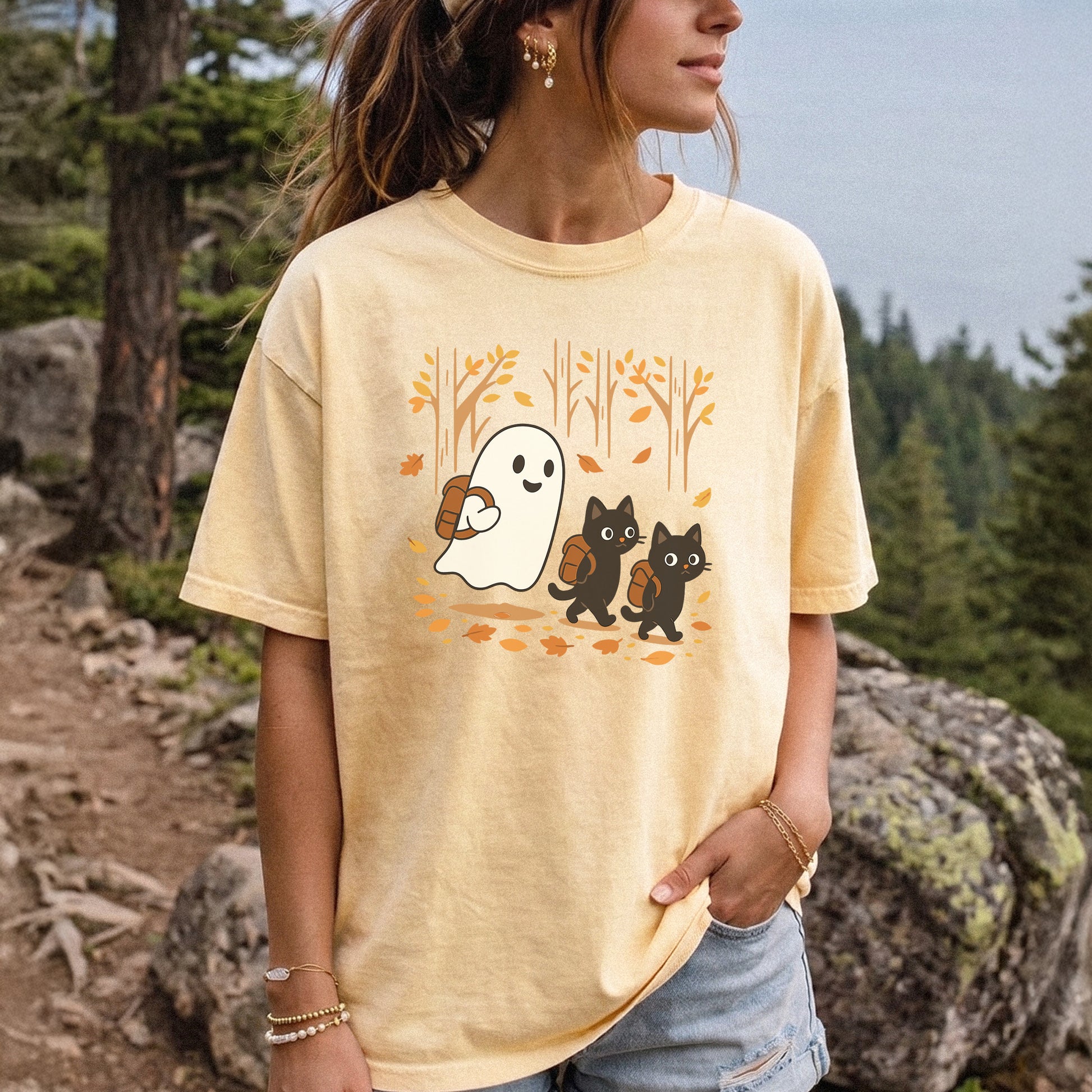 Autumn Ghost & Black Cats Comfort Colors Shirt – Cozy Spooky Hiking Vibes
