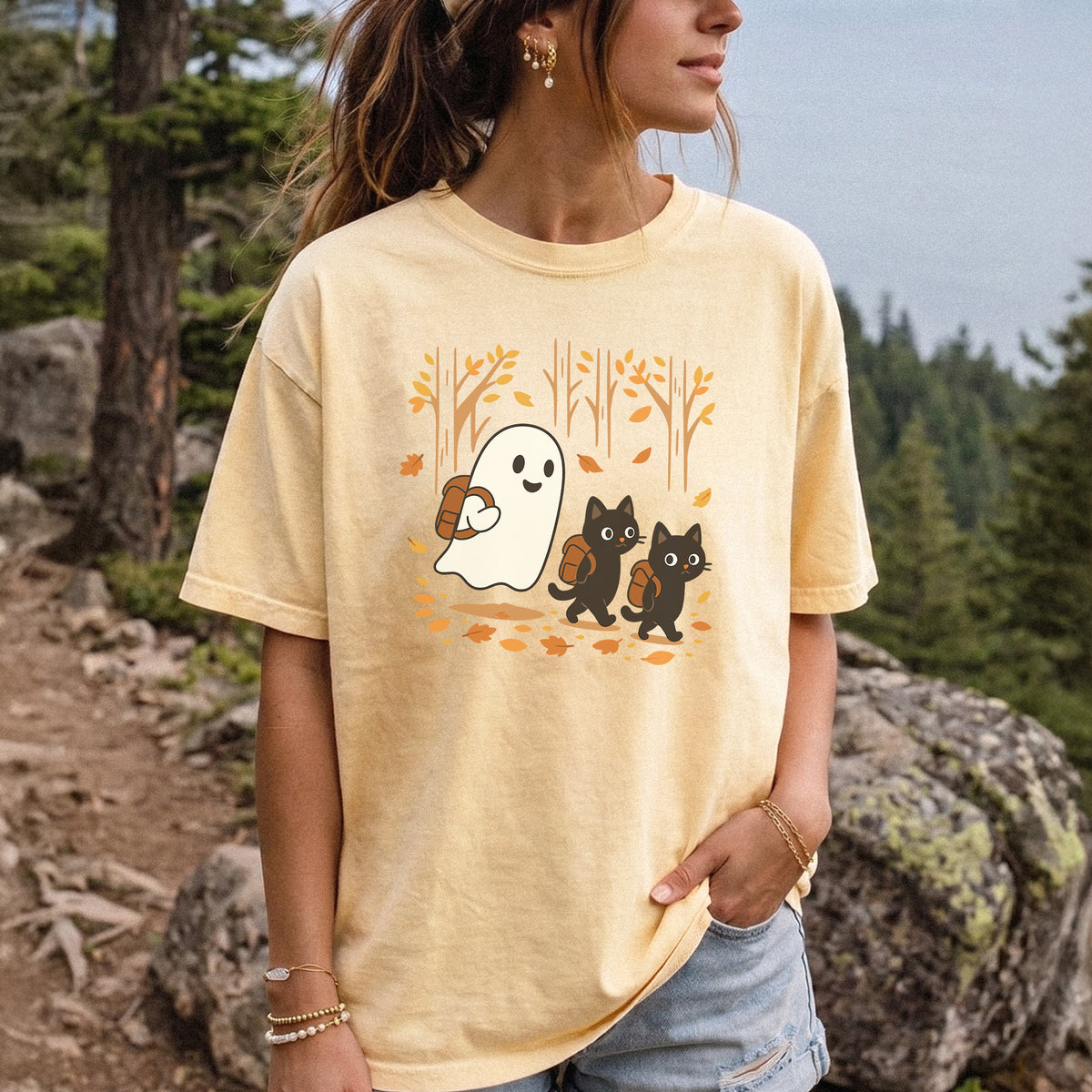 Autumn Ghost & Black Cats Comfort Colors Shirt – Cozy Spooky Hiking Vibes