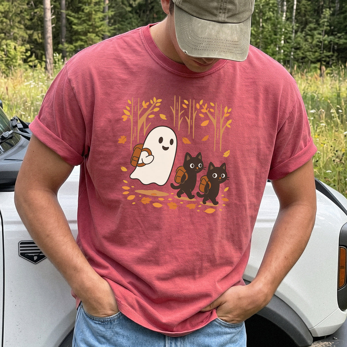 Autumn Ghost & Black Cats Comfort Colors Shirt – Cozy Spooky Hiking Vibes