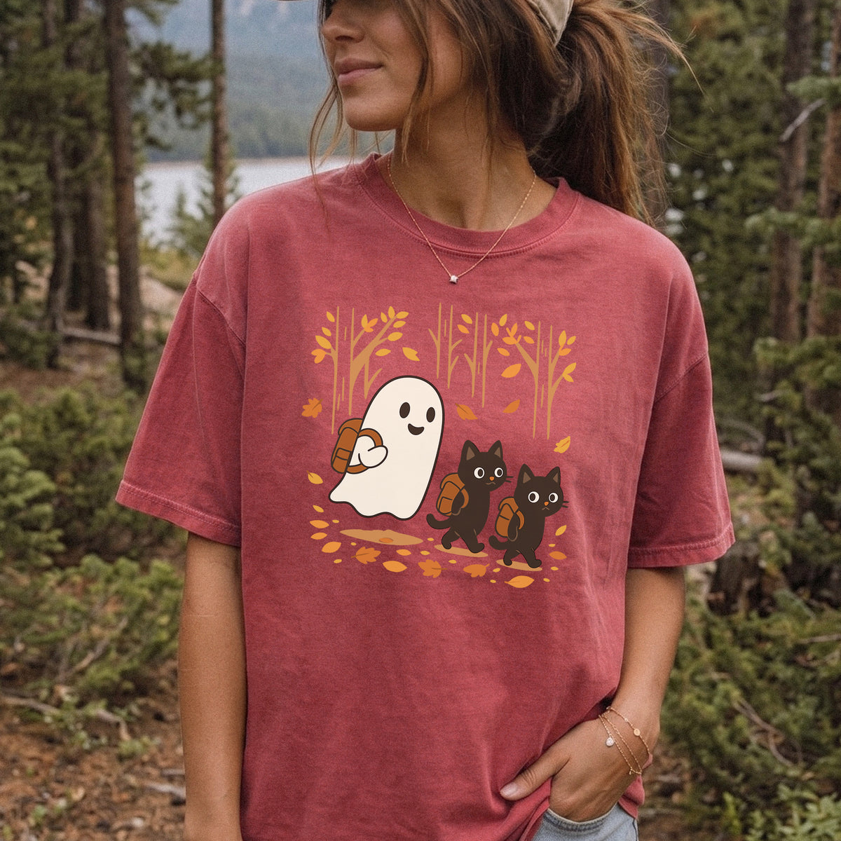 Autumn Ghost & Black Cats Comfort Colors Shirt – Cozy Spooky Hiking Vibes