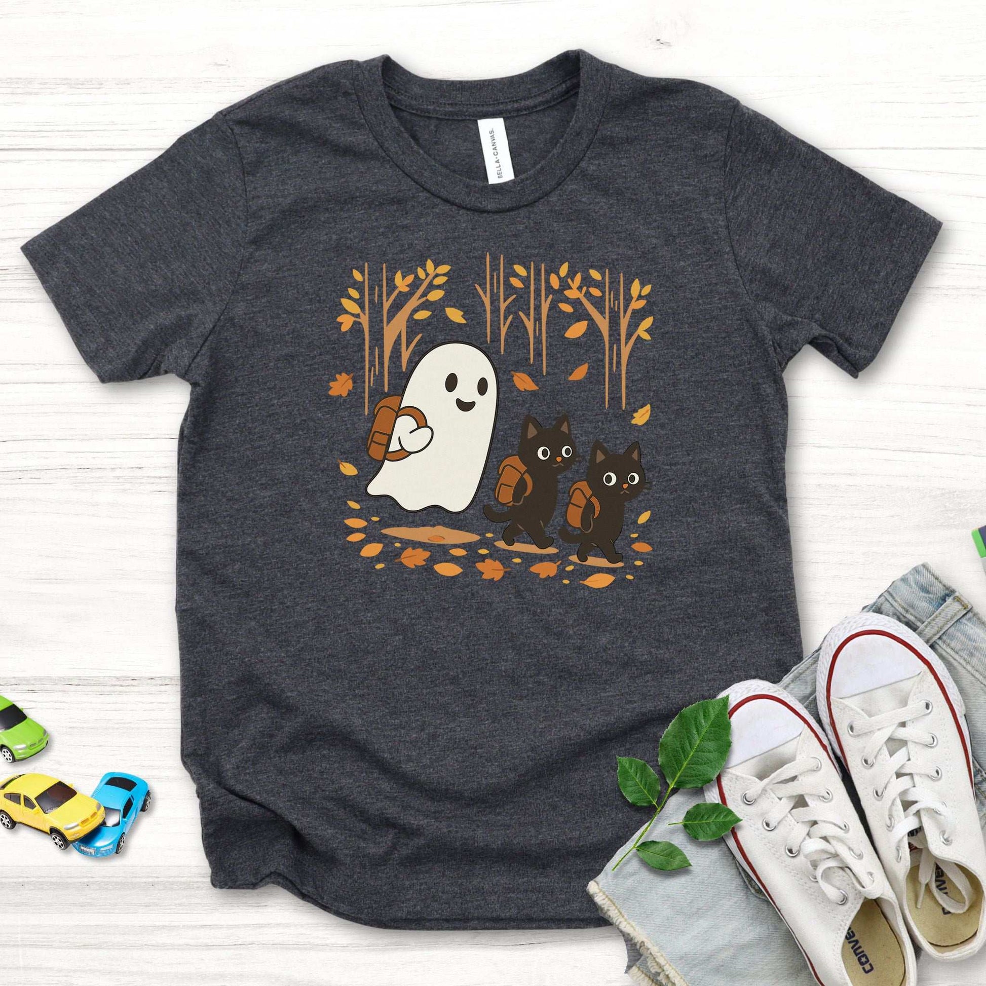Autumn Ghost & Black Cat Youth Tee – Cozy Spooky Hiking Vibes