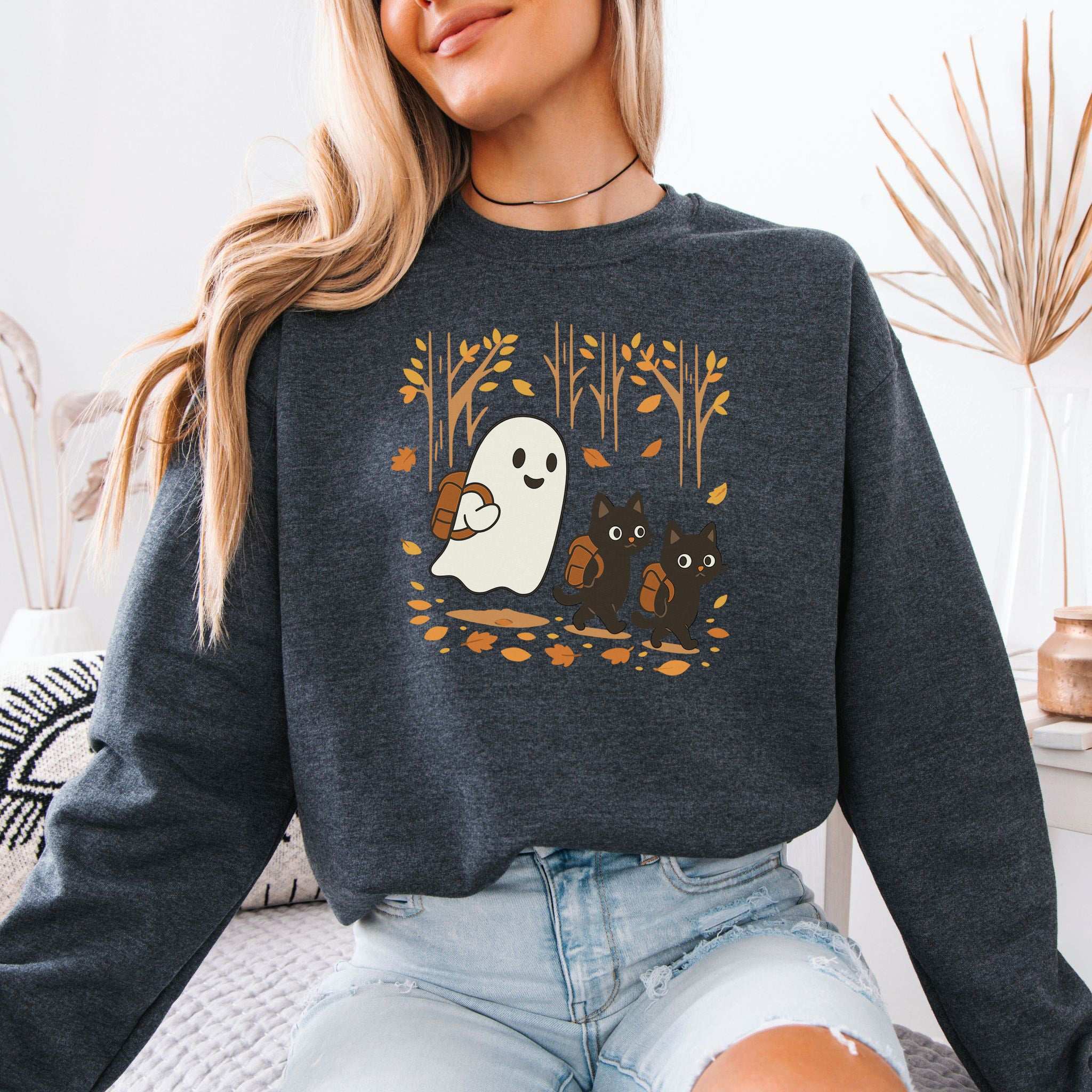 Autumn Ghost & Black Cats Sweatshirt – Cozy Spooky Hiking Magic