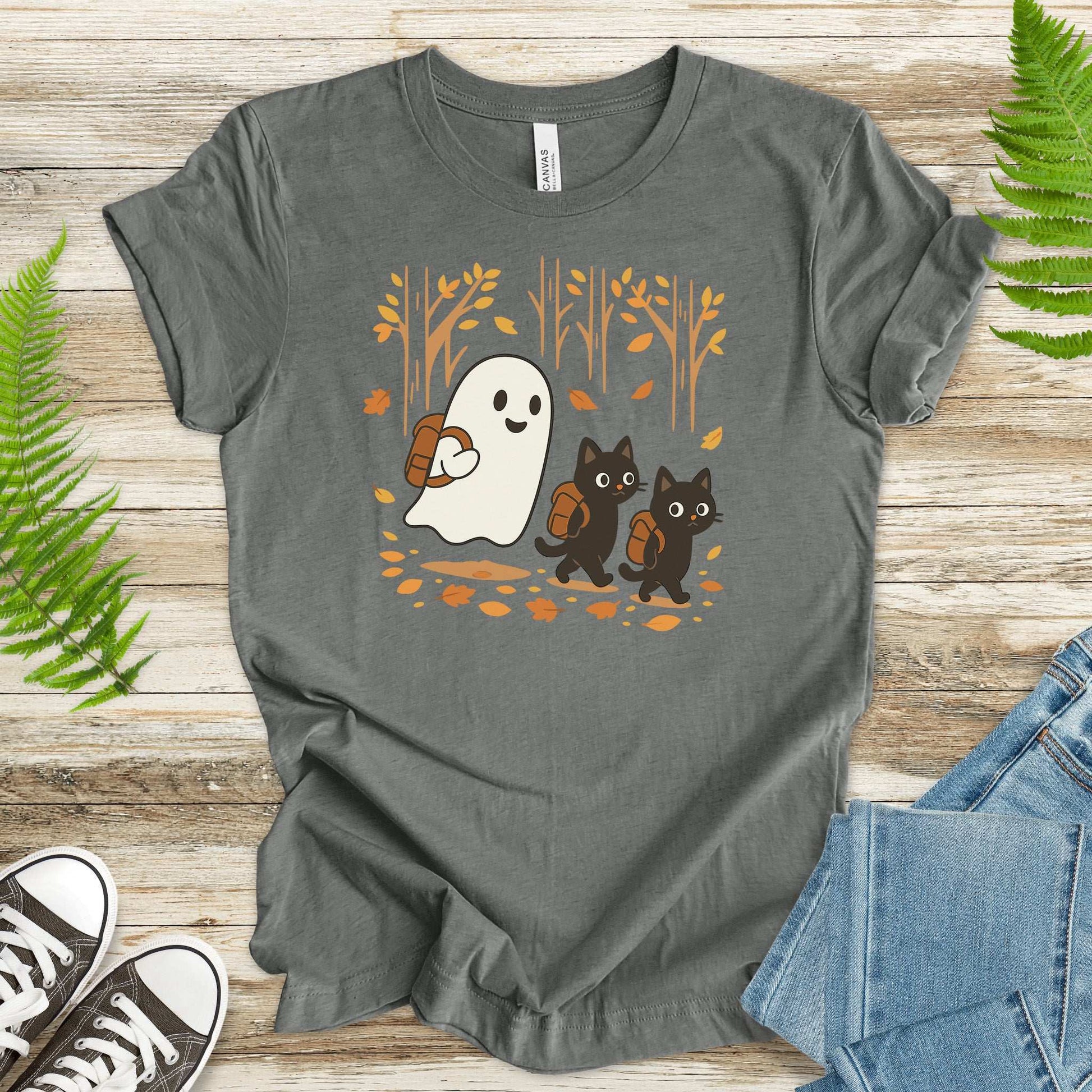 Autumn Ghost & Black Cats T-Shirt – Cozy Spooky Hiking Vibes