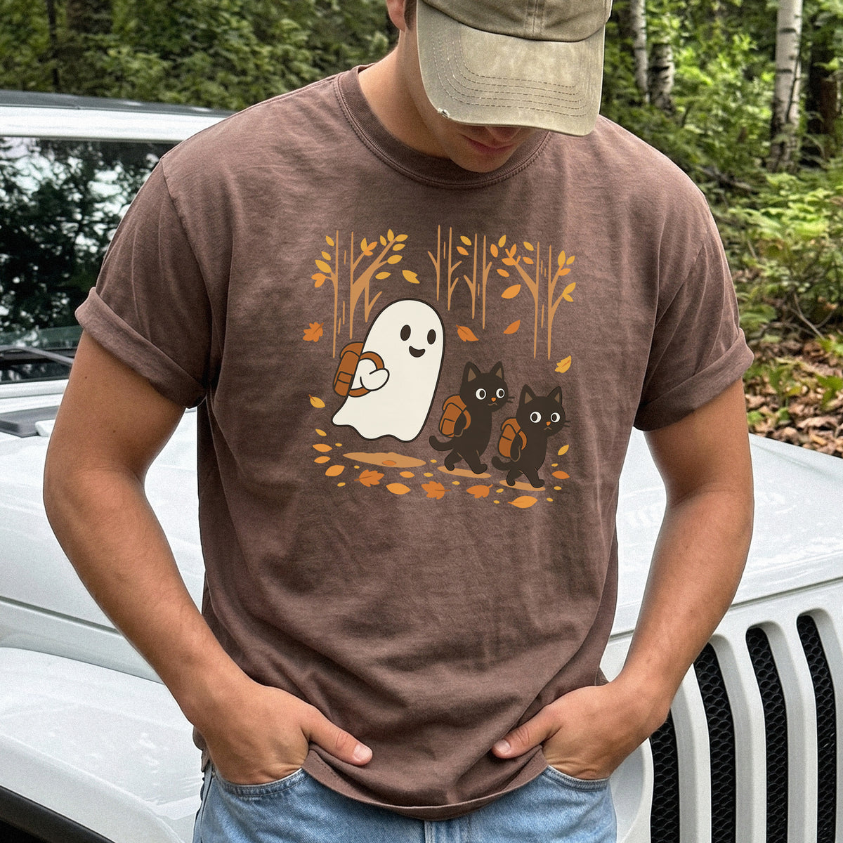 Autumn Ghost & Black Cats Comfort Colors Shirt – Cozy Spooky Hiking Vibes