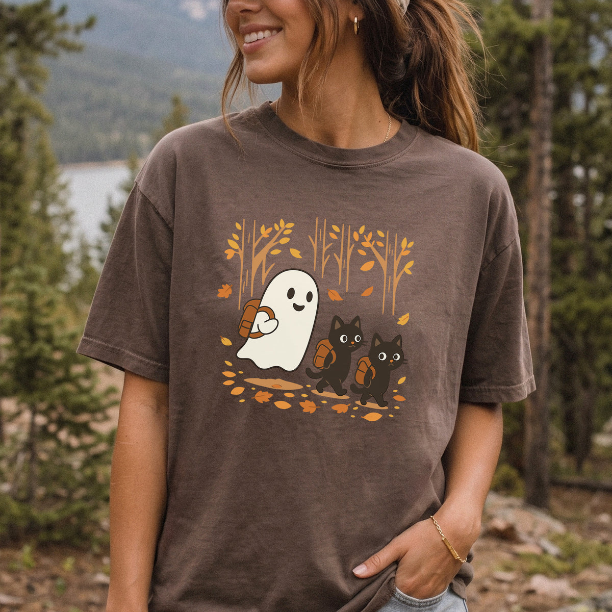 Autumn Ghost & Black Cats Comfort Colors Shirt – Cozy Spooky Hiking Vibes