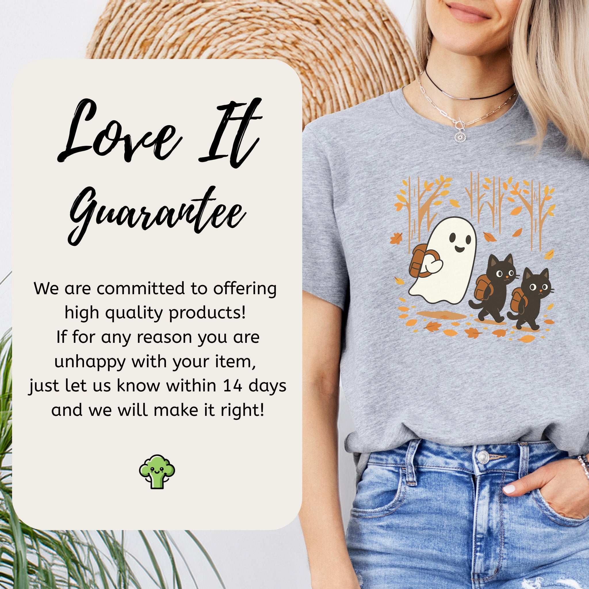 Autumn Ghost & Black Cats T-Shirt – Cozy Spooky Hiking Vibes