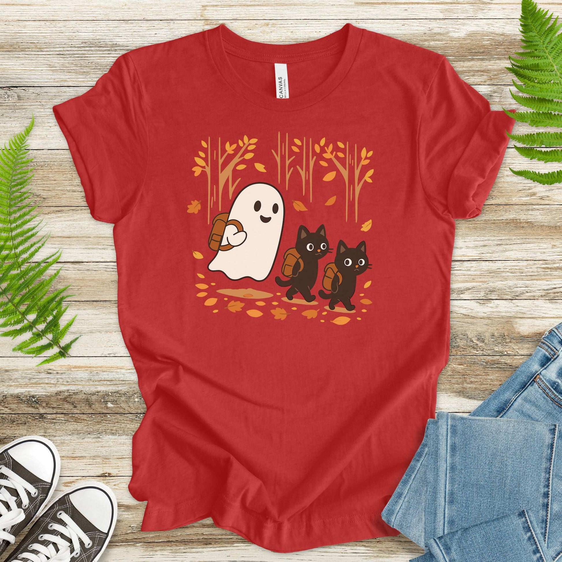 Autumn Ghost & Black Cats T-Shirt – Cozy Spooky Hiking Vibes