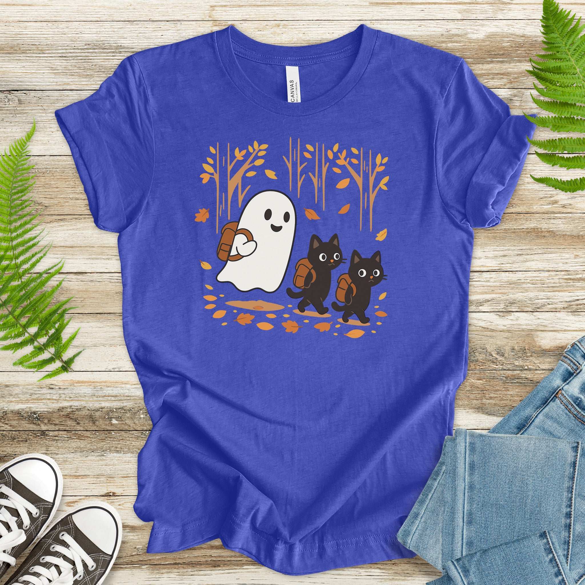 Autumn Ghost & Black Cats T-Shirt – Cozy Spooky Hiking Vibes