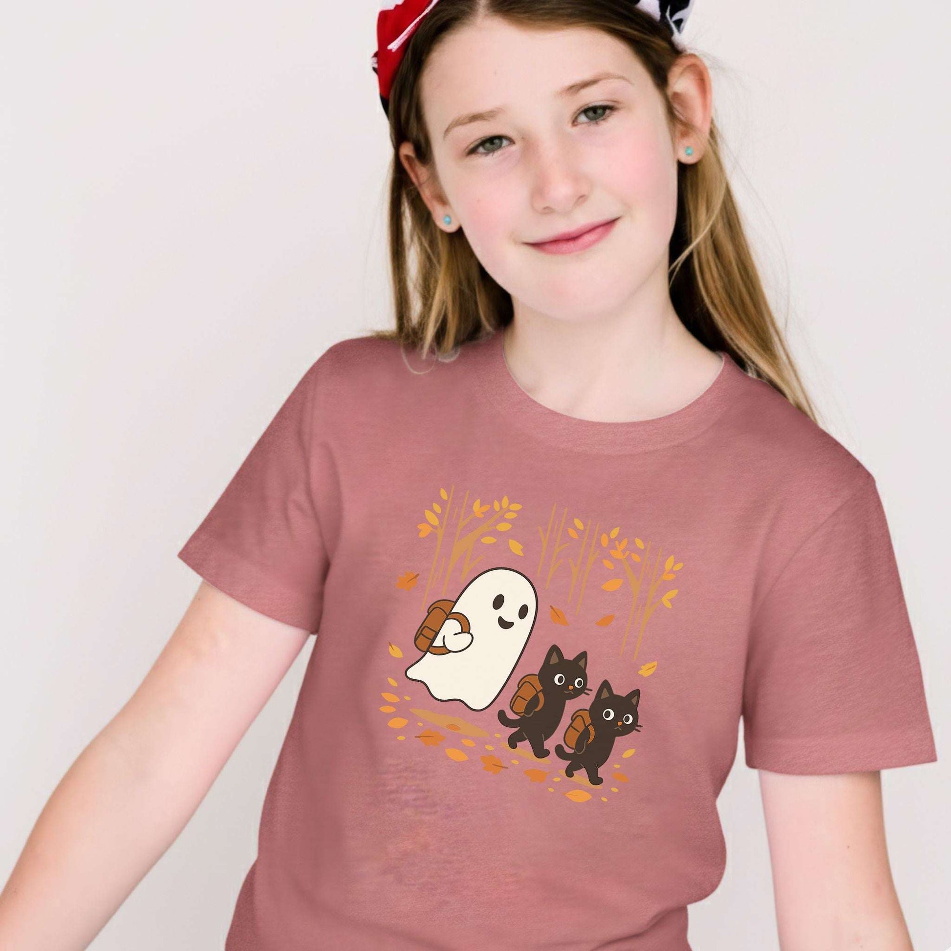 Autumn Ghost & Black Cat Youth Tee – Cozy Spooky Hiking Vibes