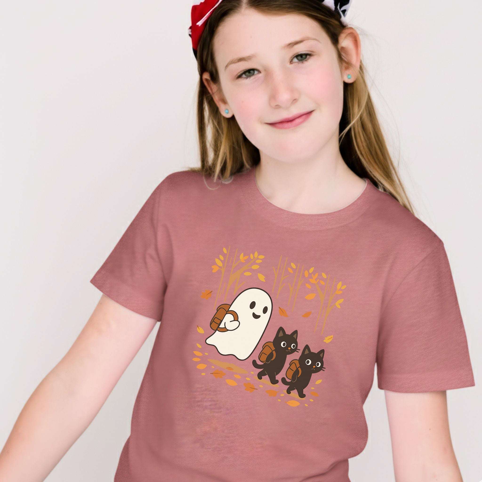Autumn Ghost & Black Cat Youth Tee – Cozy Spooky Hiking Vibes