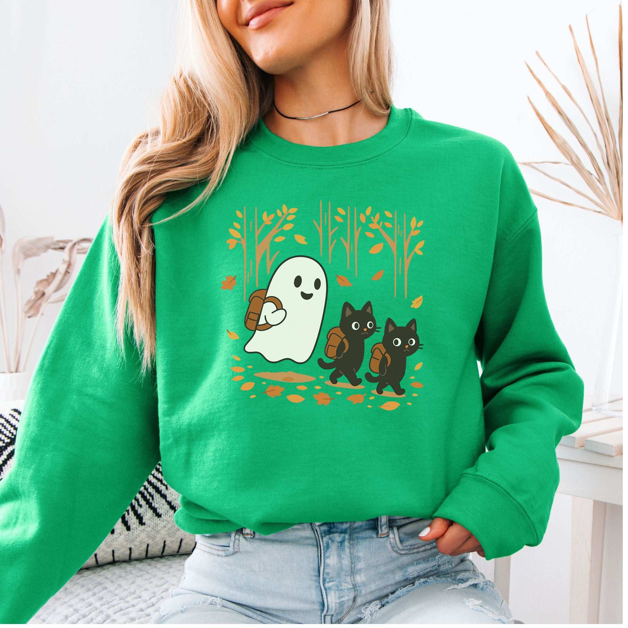Autumn Ghost & Black Cats Sweatshirt – Cozy Spooky Hiking Magic