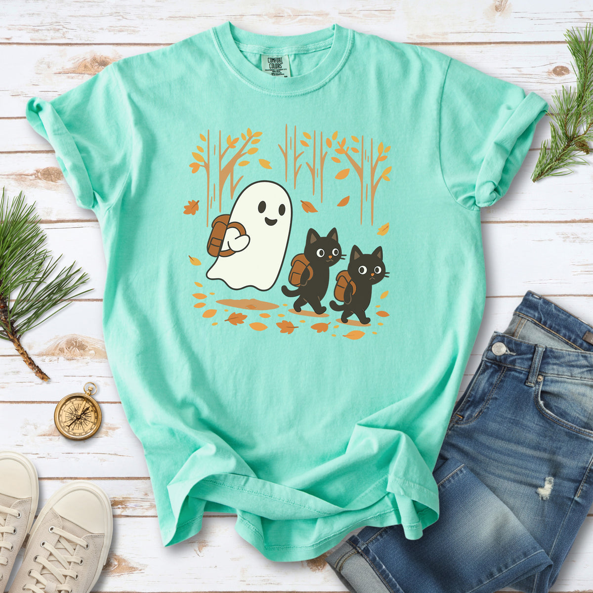 Autumn Ghost & Black Cats Comfort Colors Shirt – Cozy Spooky Hiking Vibes