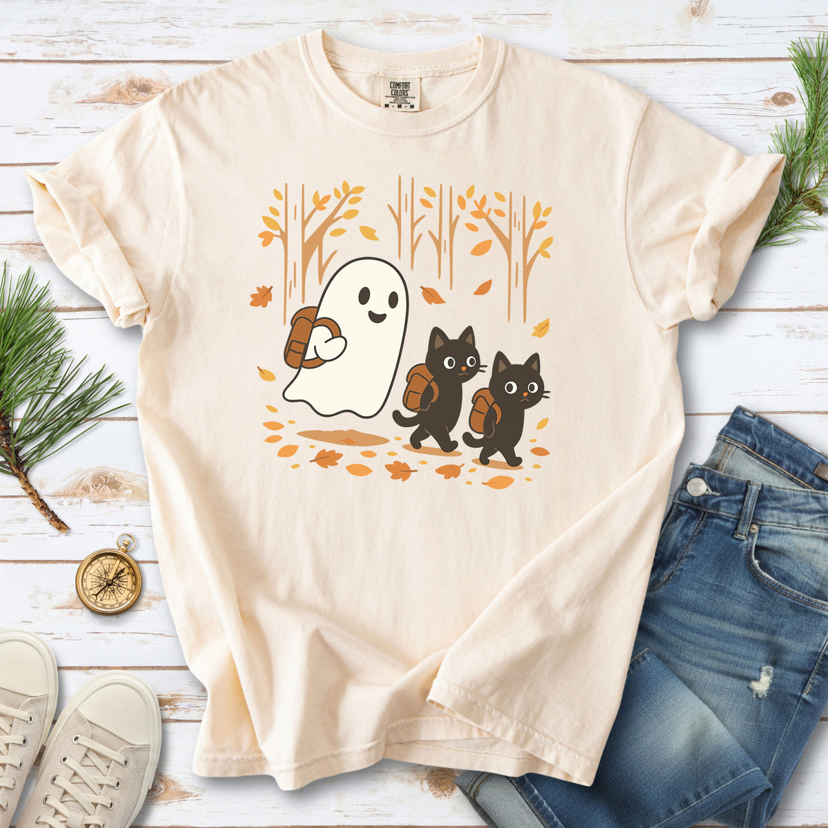 Autumn Ghost & Black Cats Comfort Colors Shirt – Cozy Spooky Hiking Vibes