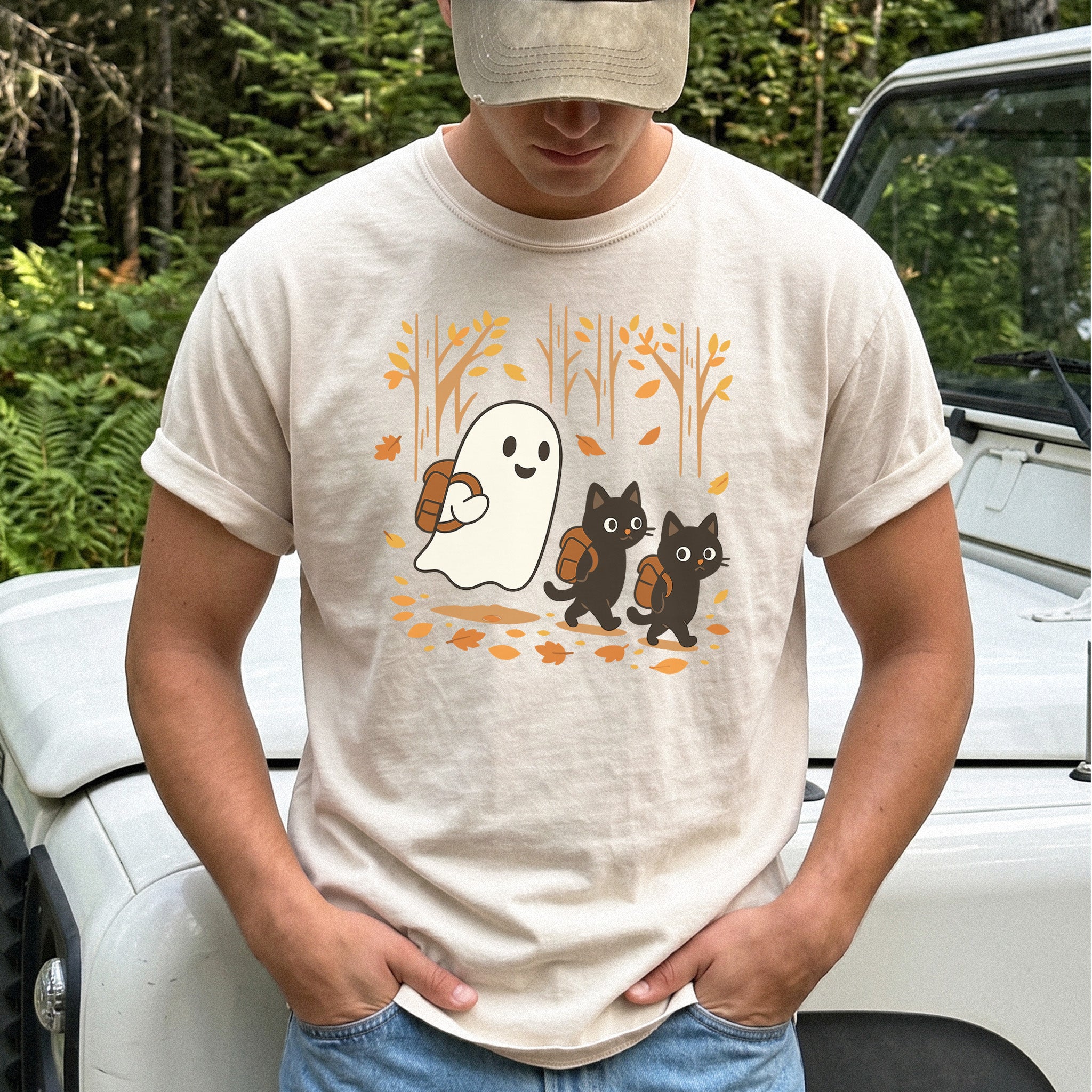Autumn Ghost & Black Cats Comfort Colors Shirt – Cozy Spooky Hiking Vibes