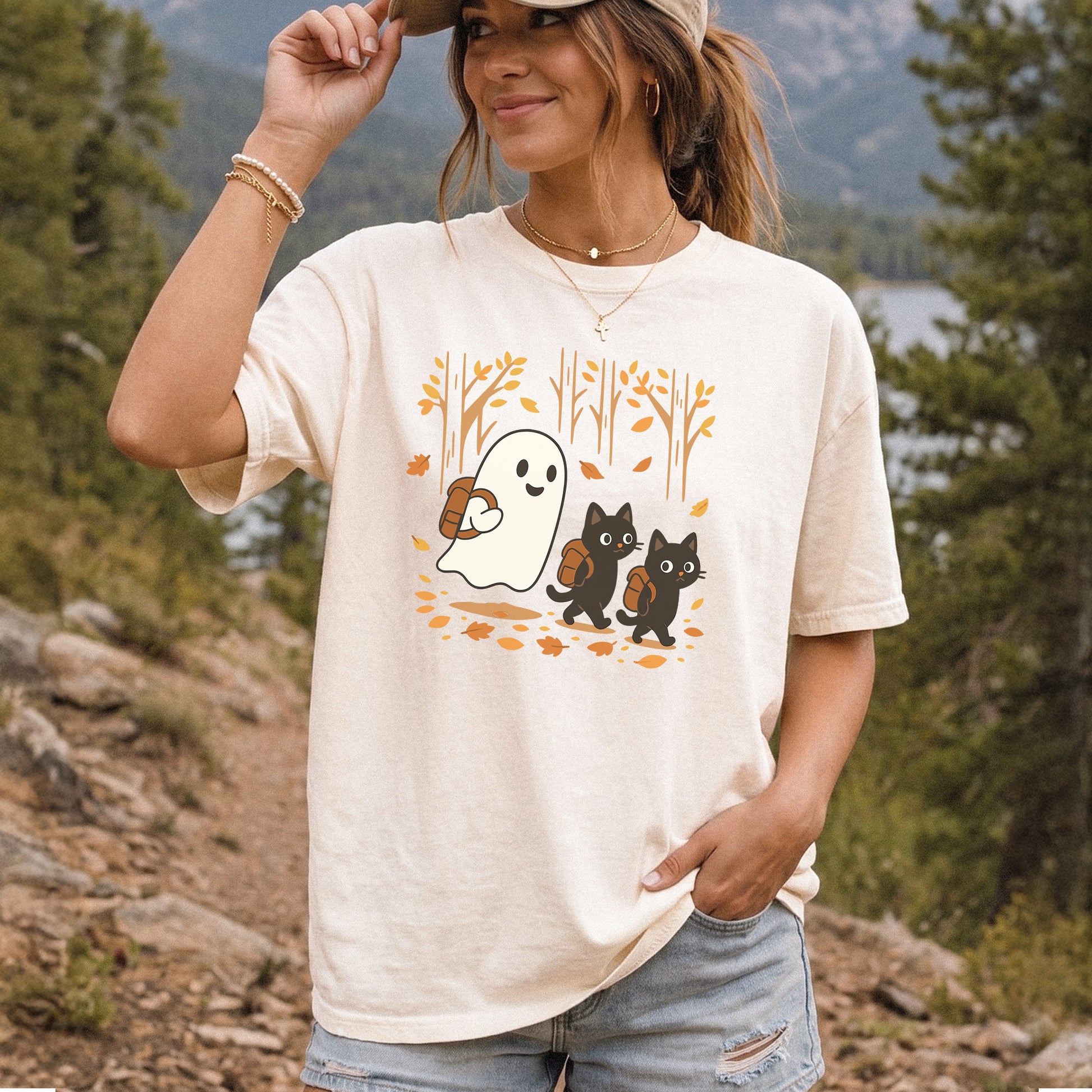 Autumn Ghost & Black Cats Comfort Colors Shirt – Cozy Spooky Hiking Vibes