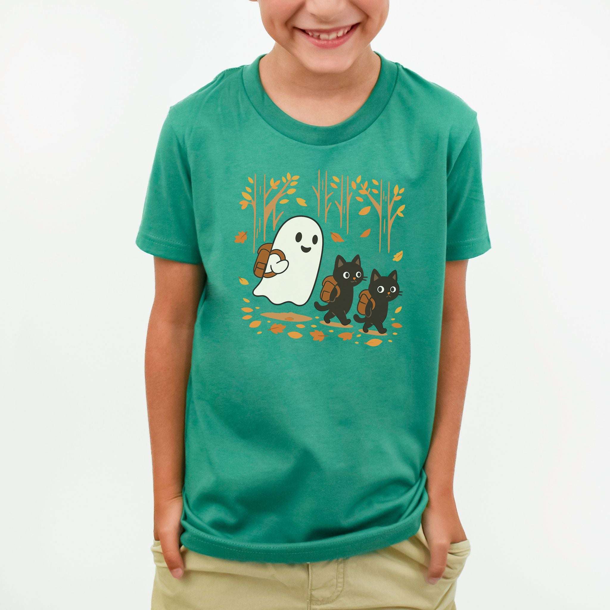Autumn Ghost & Black Cat Youth Tee – Cozy Spooky Hiking Vibes
