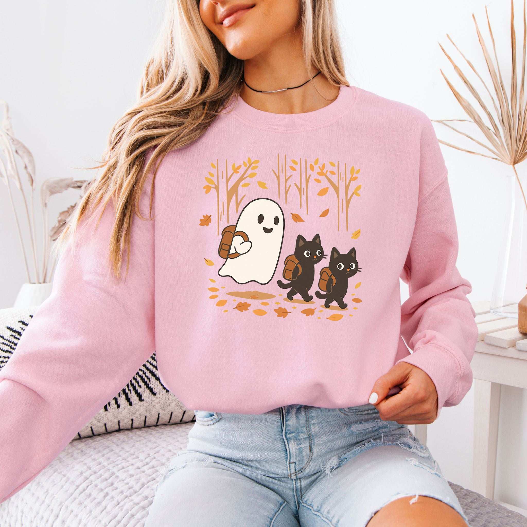 Autumn Ghost & Black Cats Sweatshirt – Cozy Spooky Hiking Magic