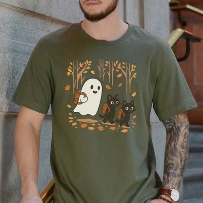 Autumn Ghost & Black Cats T-Shirt – Cozy Spooky Hiking Vibes
