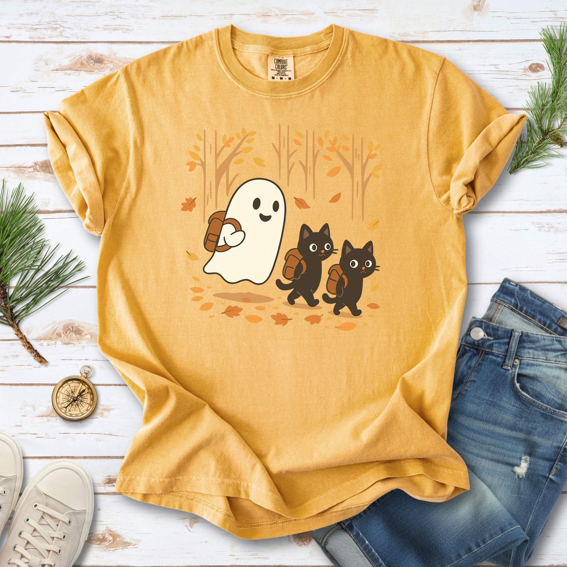 Autumn Ghost & Black Cats Comfort Colors Shirt – Cozy Spooky Hiking Vibes