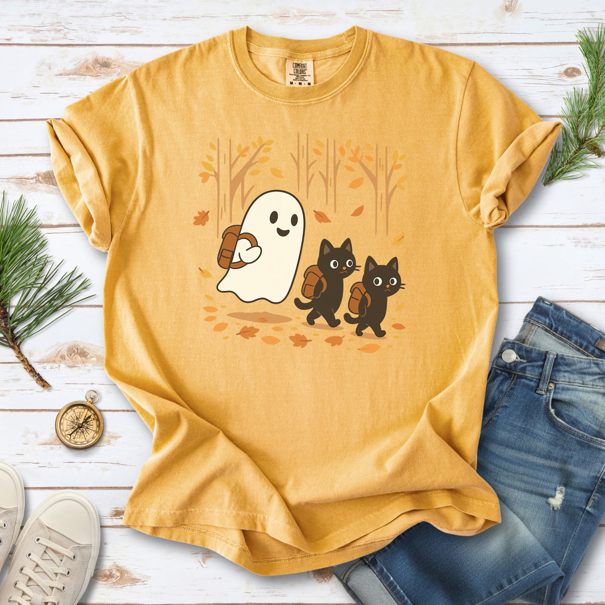 Autumn Ghost & Black Cats Comfort Colors Shirt – Cozy Spooky Hiking Vibes
