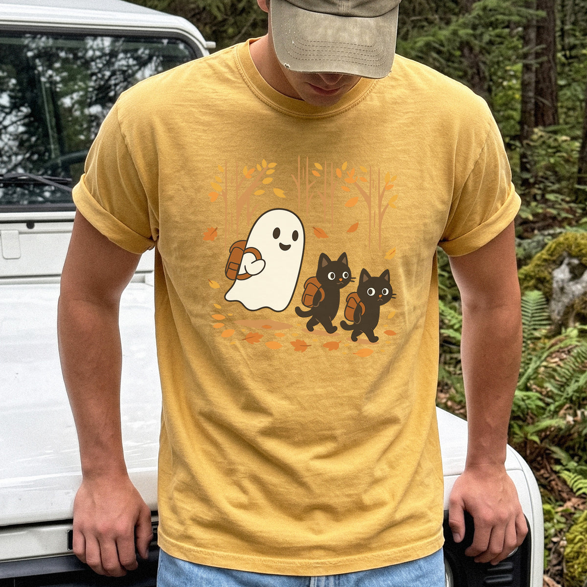 Autumn Ghost & Black Cats Comfort Colors Shirt – Cozy Spooky Hiking Vibes