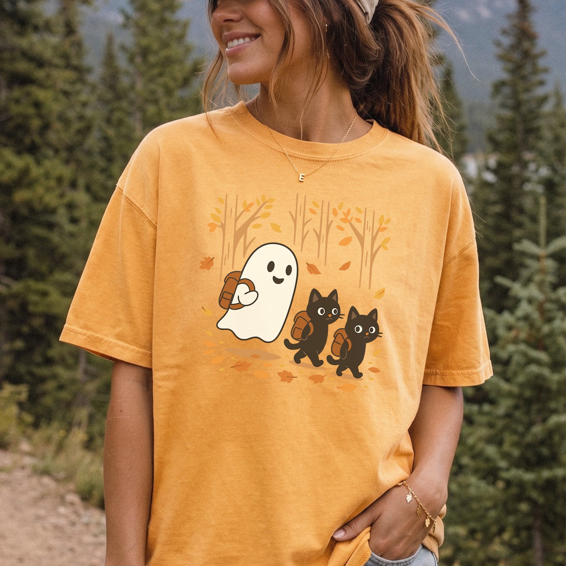 Autumn Ghost & Black Cats Comfort Colors Shirt – Cozy Spooky Hiking Vibes