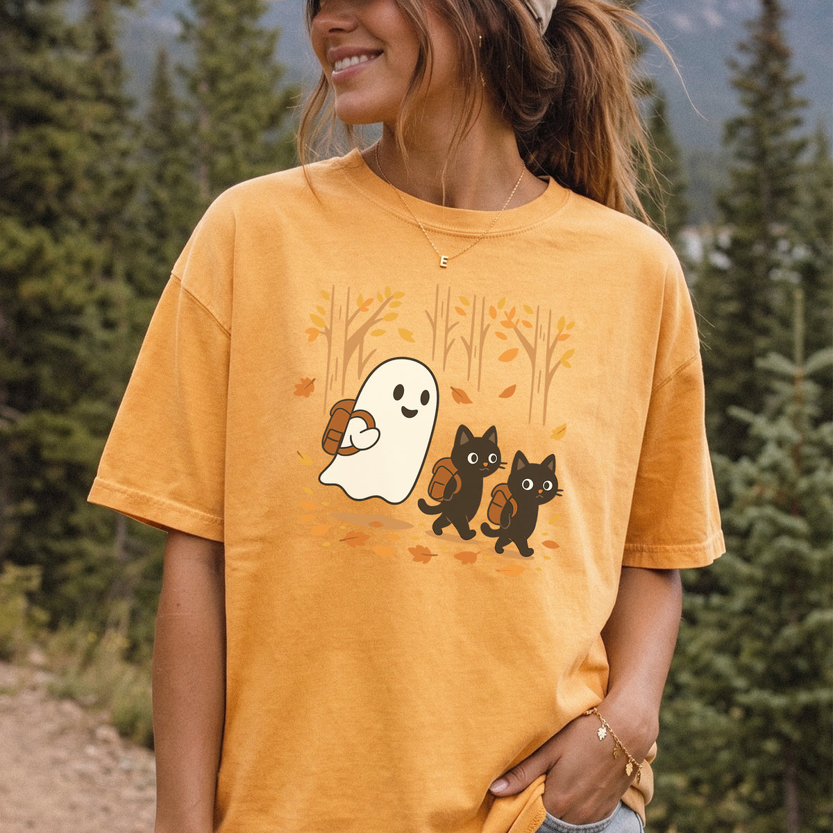 Autumn Ghost & Black Cats Comfort Colors Shirt – Cozy Spooky Hiking Vibes