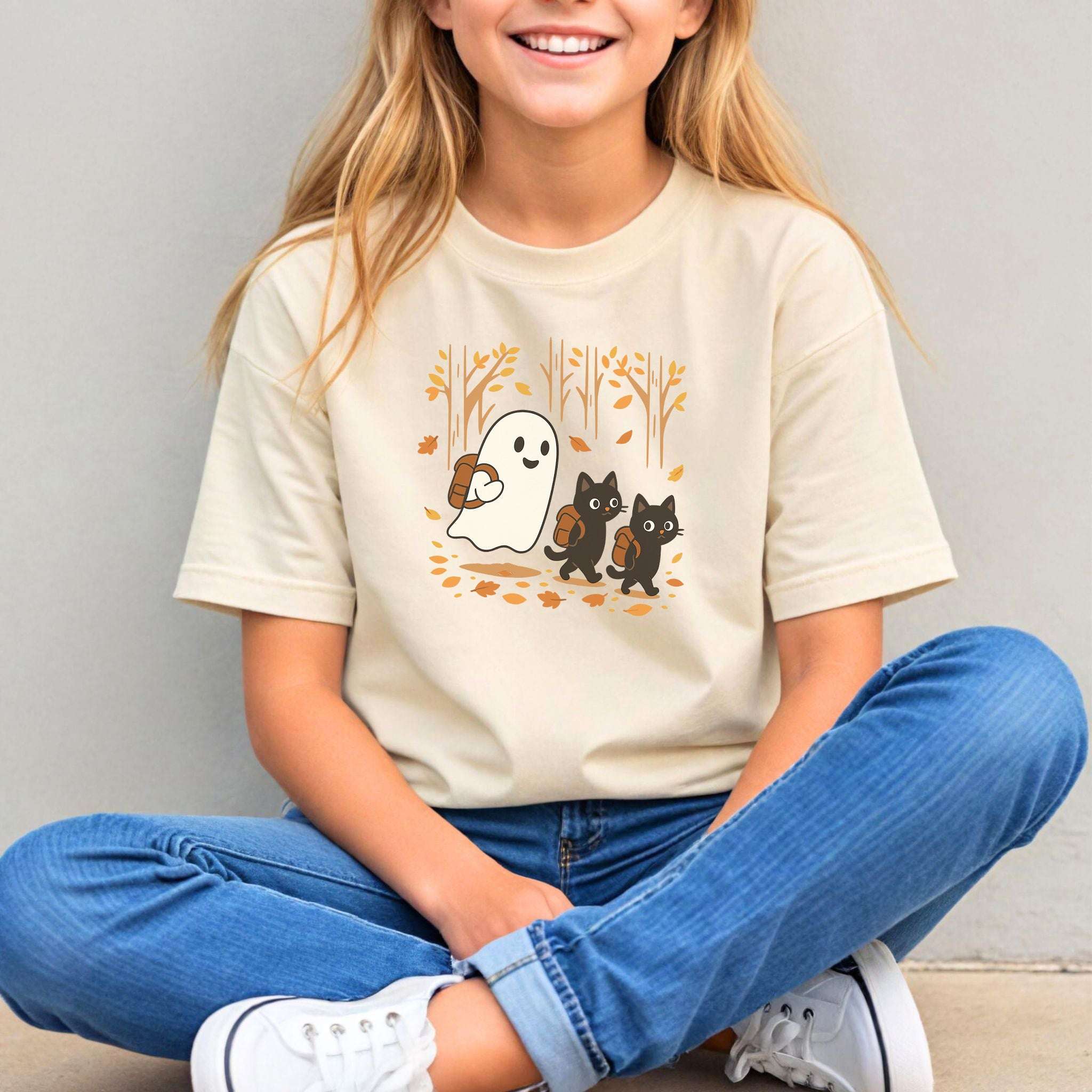 Autumn Ghost & Black Cat Youth Tee – Cozy Spooky Hiking Vibes