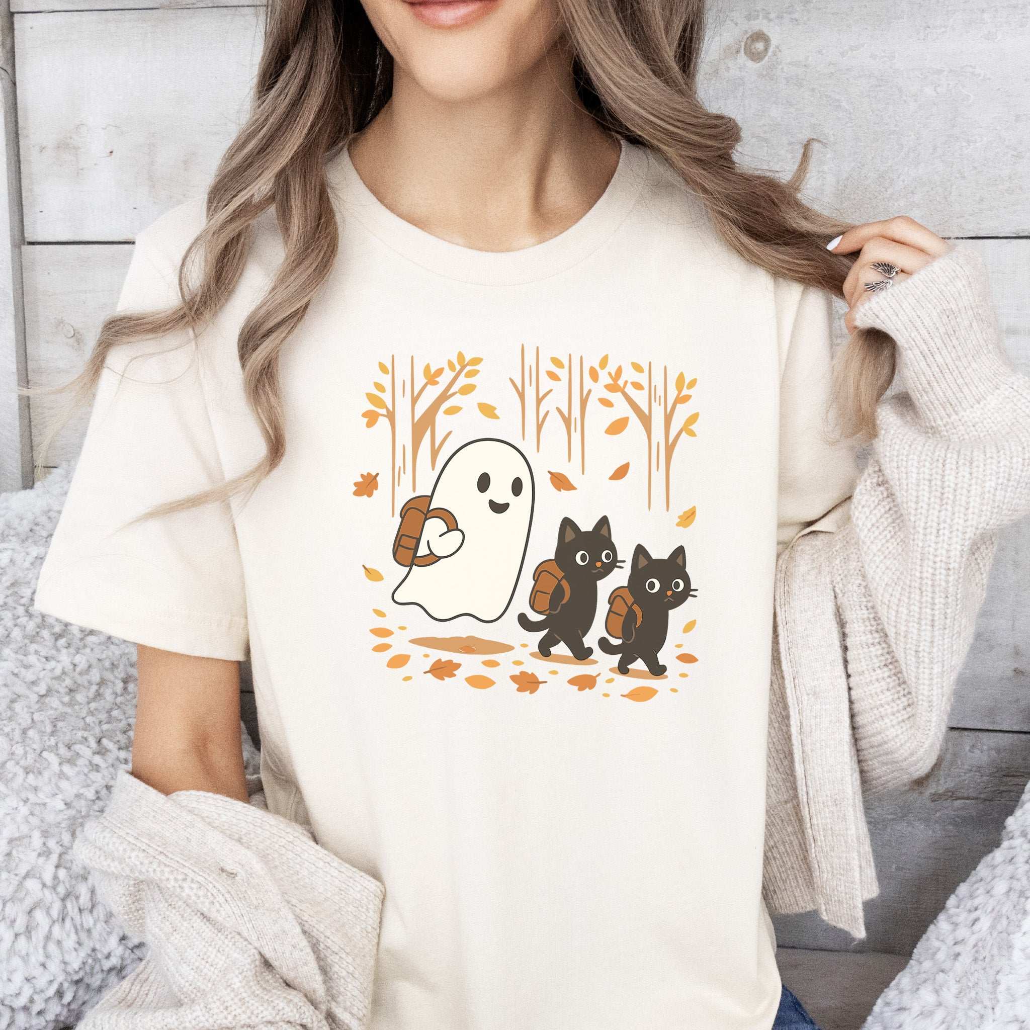 Autumn Ghost & Black Cats T-Shirt – Cozy Spooky Hiking Vibes