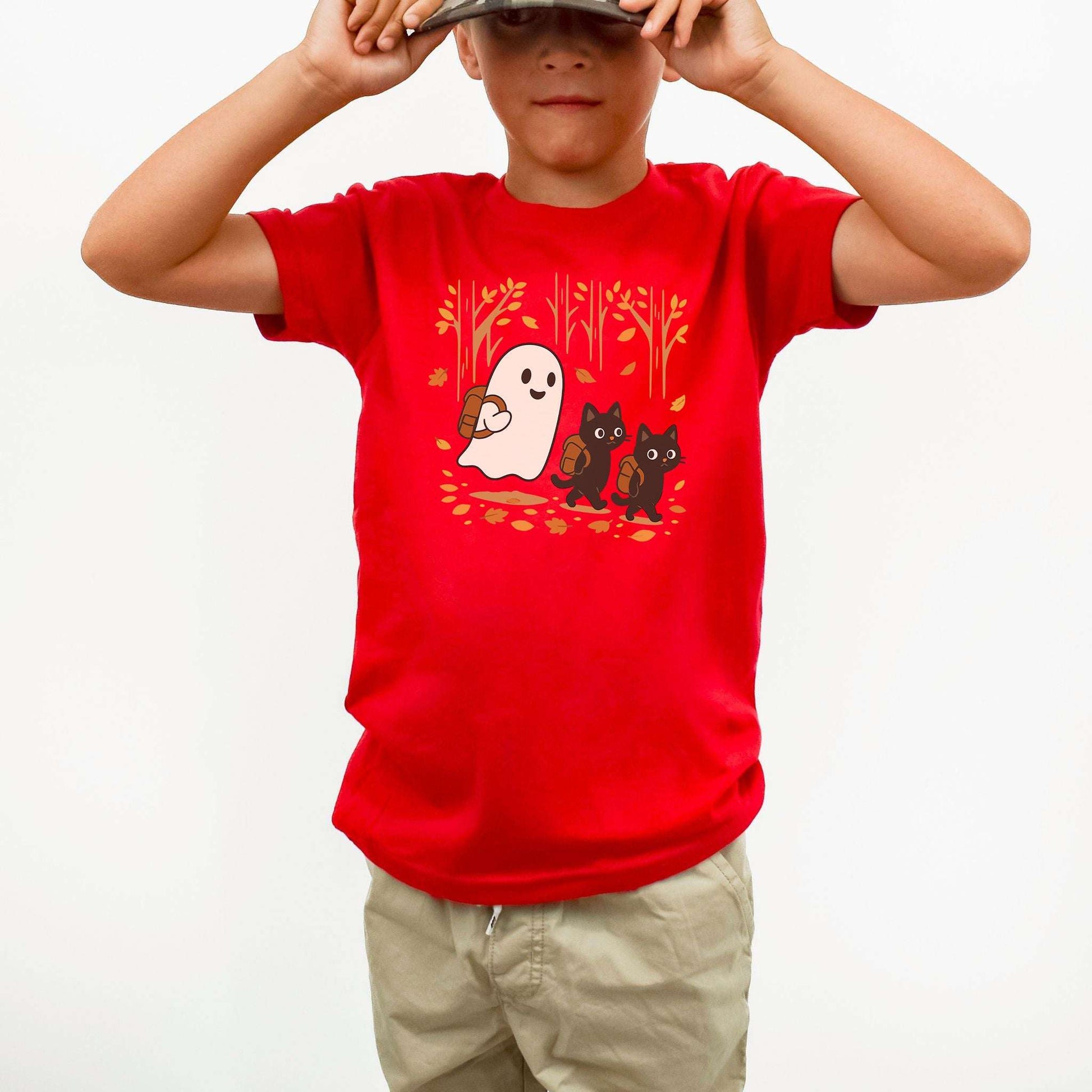 Autumn Ghost & Black Cat Youth Tee – Cozy Spooky Hiking Vibes