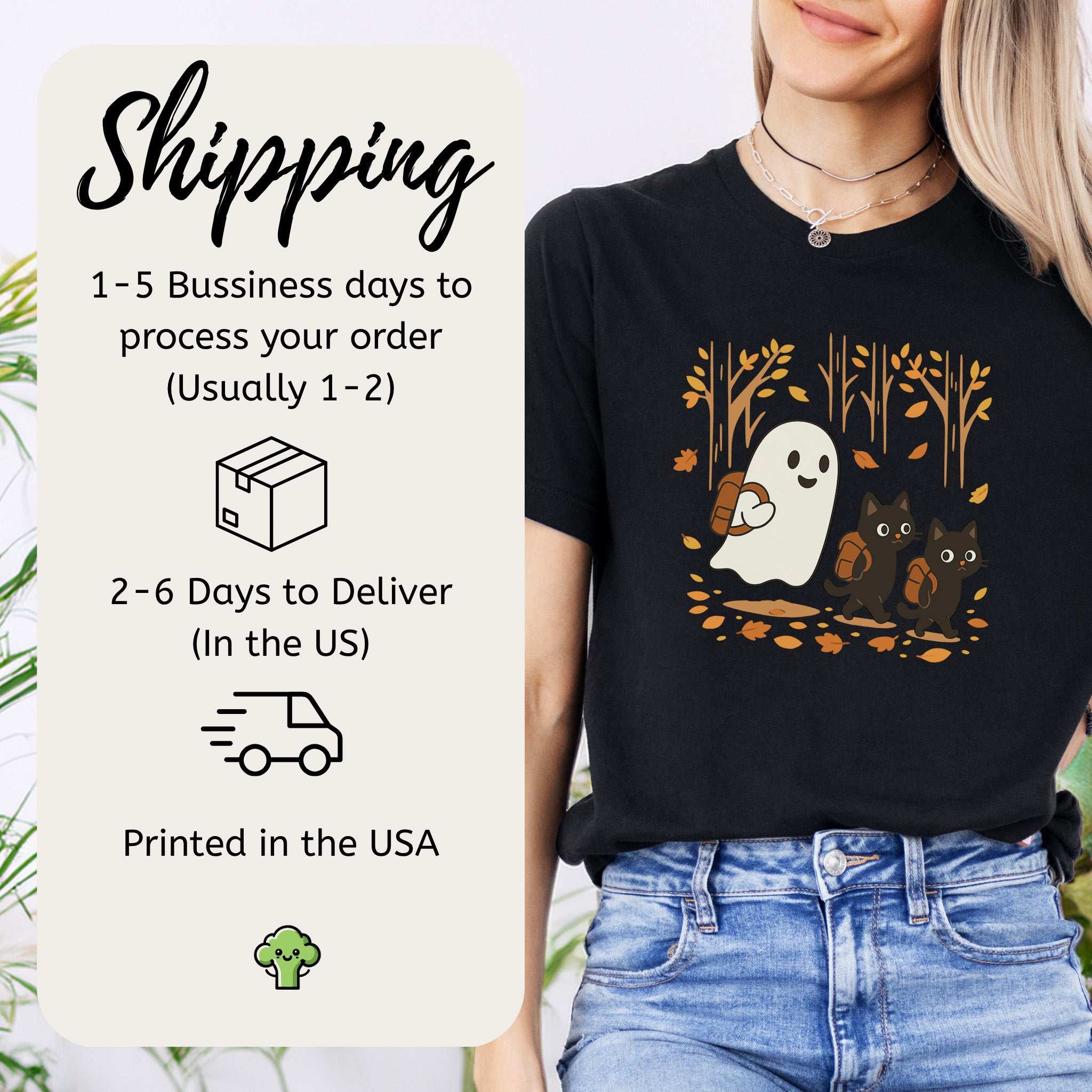 Autumn Ghost & Black Cats T-Shirt – Cozy Spooky Hiking Vibes