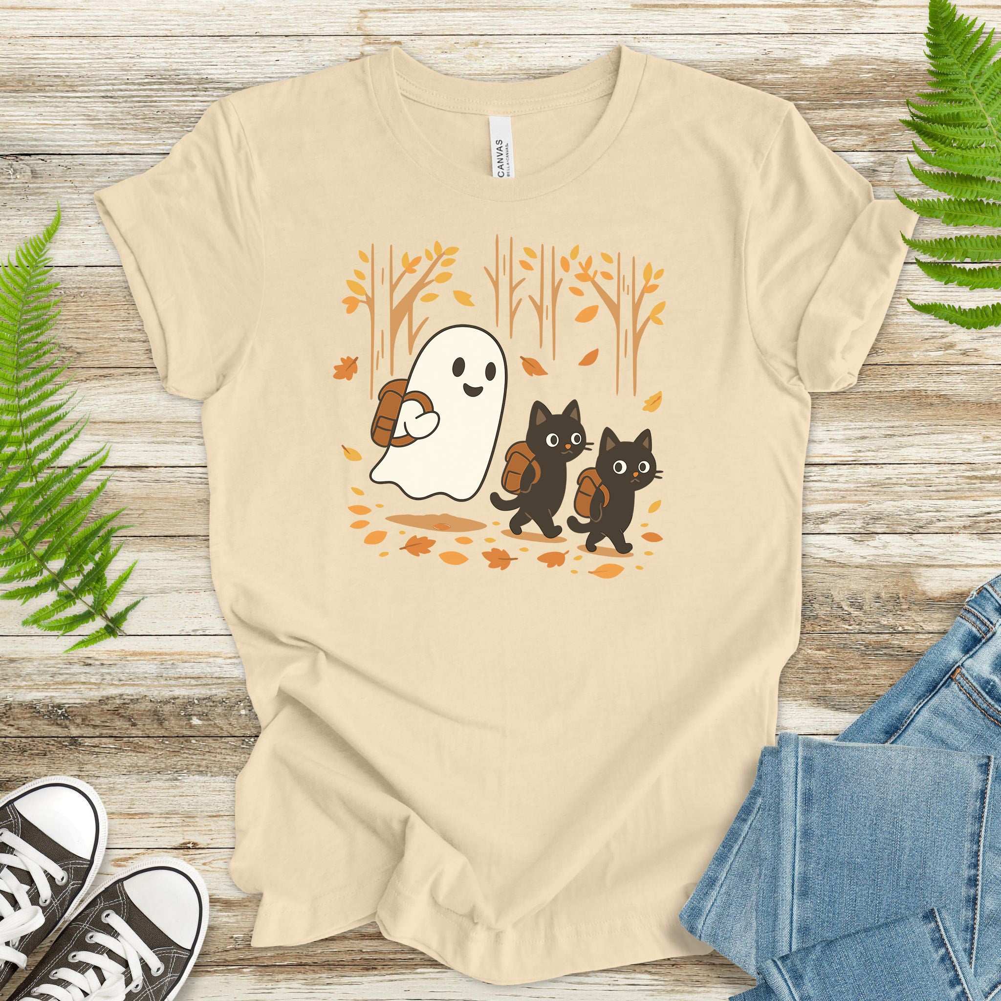 Autumn Ghost & Black Cats T-Shirt – Cozy Spooky Hiking Vibes