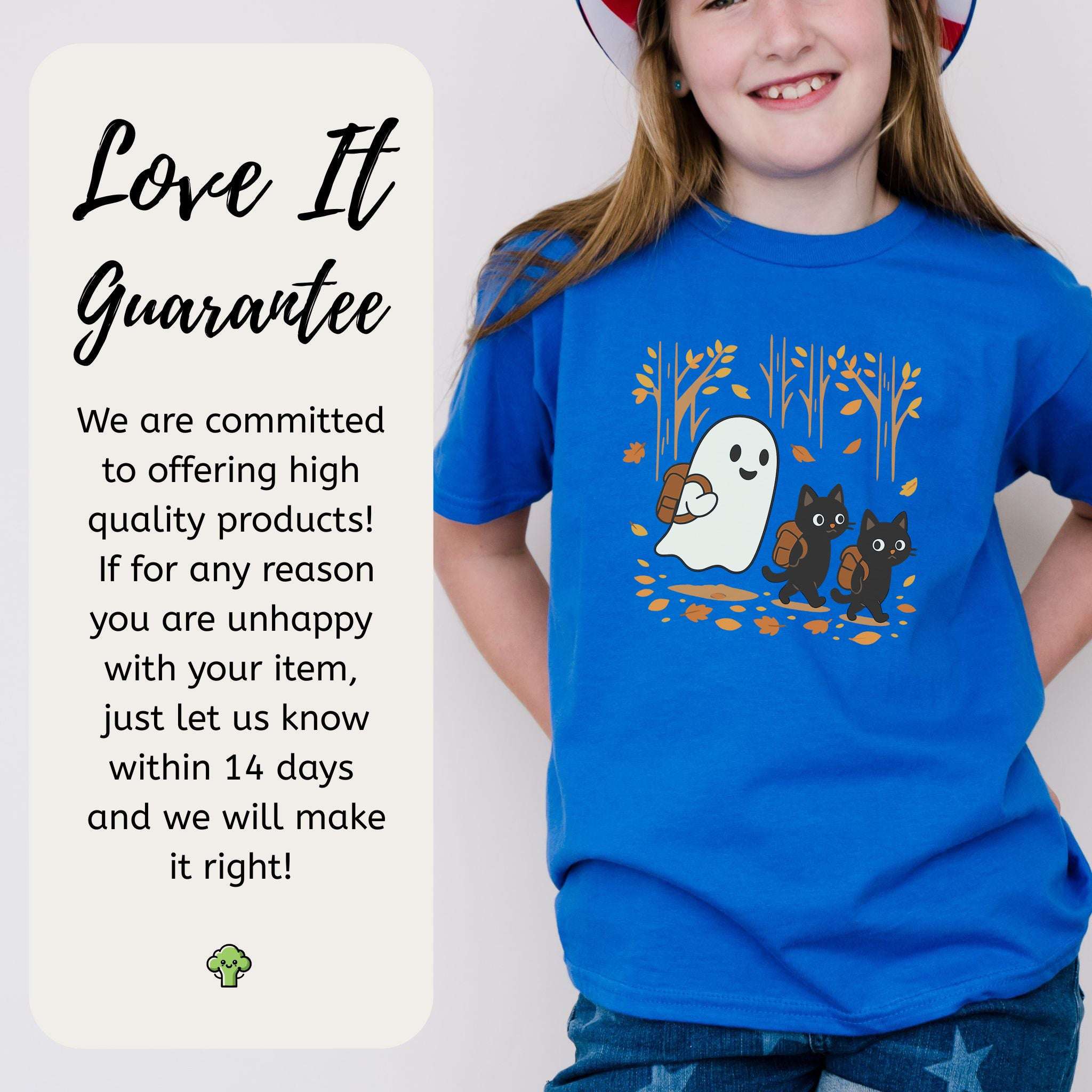 Autumn Ghost & Black Cat Youth Tee – Cozy Spooky Hiking Vibes