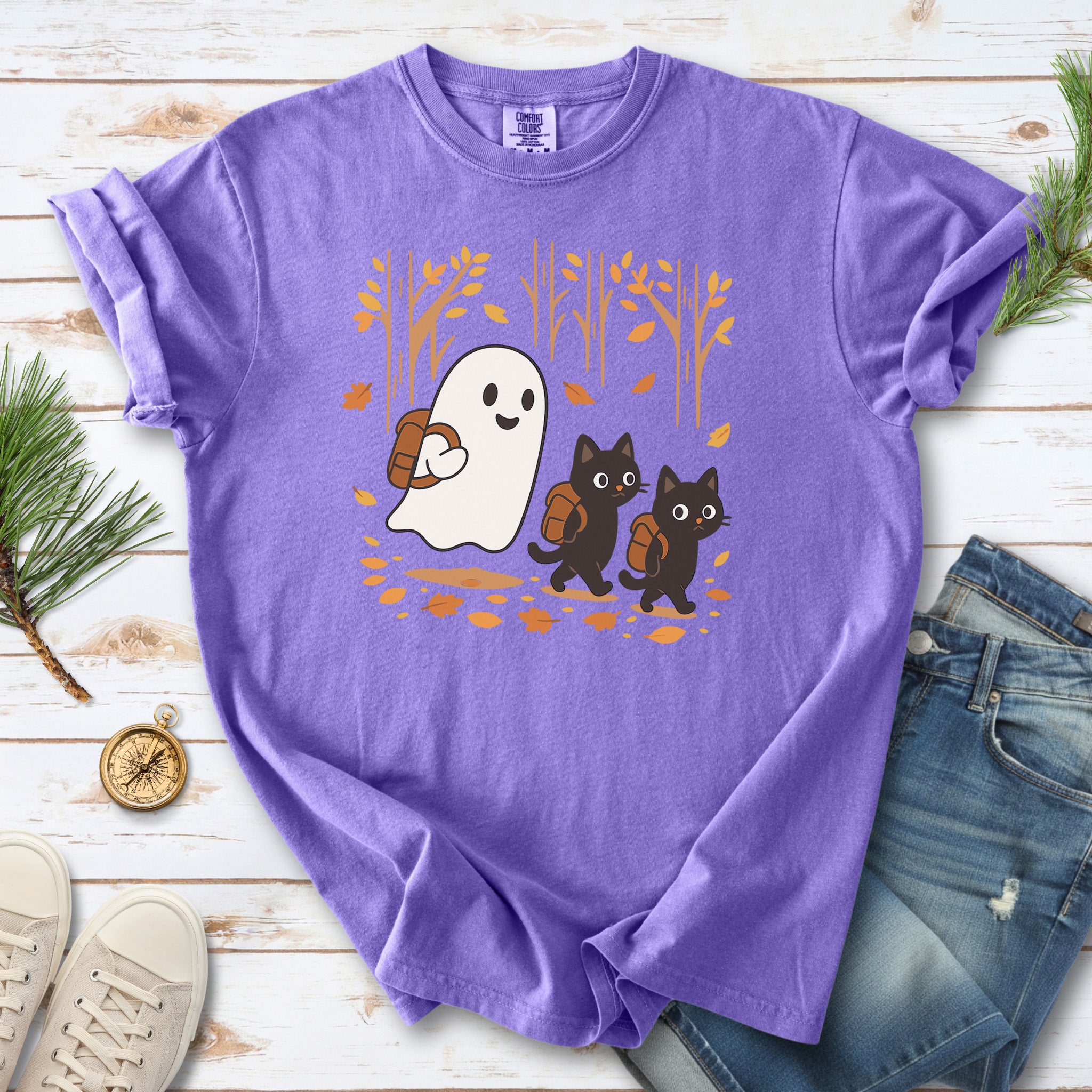 Autumn Ghost & Black Cats Comfort Colors Shirt – Cozy Spooky Hiking Vibes
