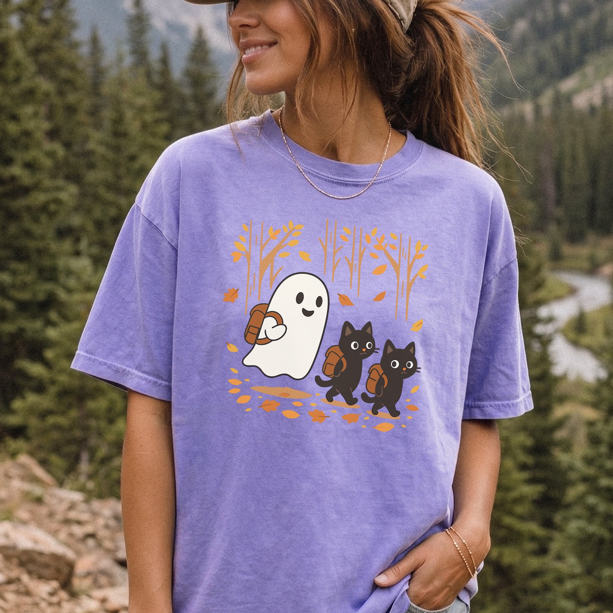 Autumn Ghost & Black Cats Comfort Colors Shirt – Cozy Spooky Hiking Vibes