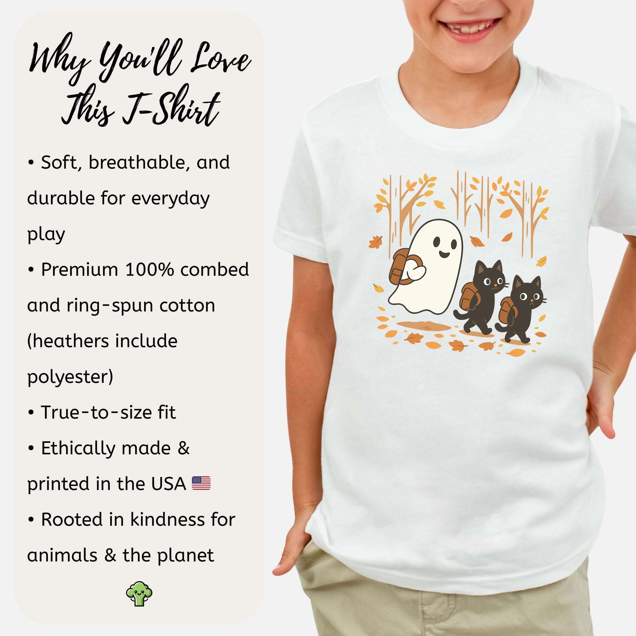 Autumn Ghost & Black Cat Youth Tee – Cozy Spooky Hiking Vibes