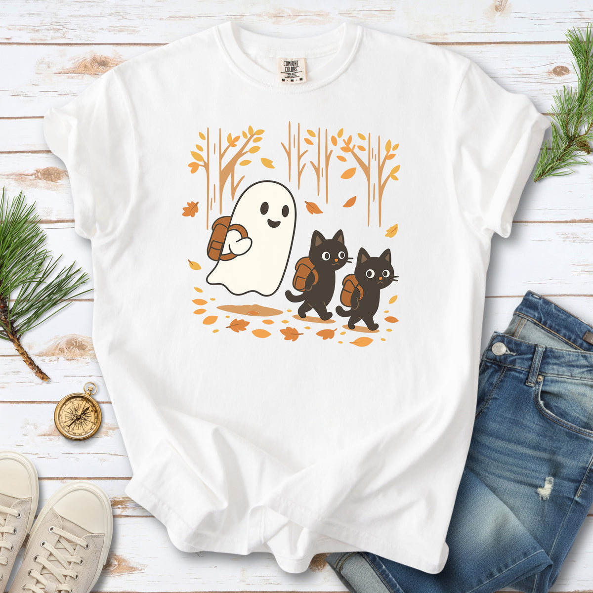 Autumn Ghost & Black Cats Comfort Colors Shirt – Cozy Spooky Hiking Vibes