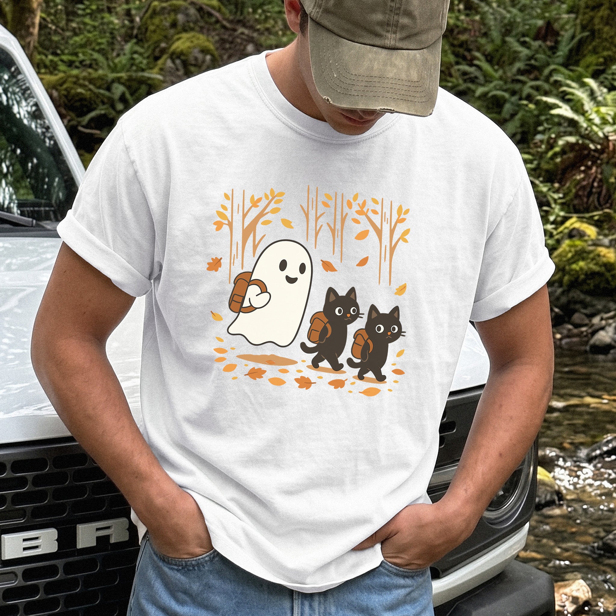 Autumn Ghost & Black Cats Comfort Colors Shirt – Cozy Spooky Hiking Vibes