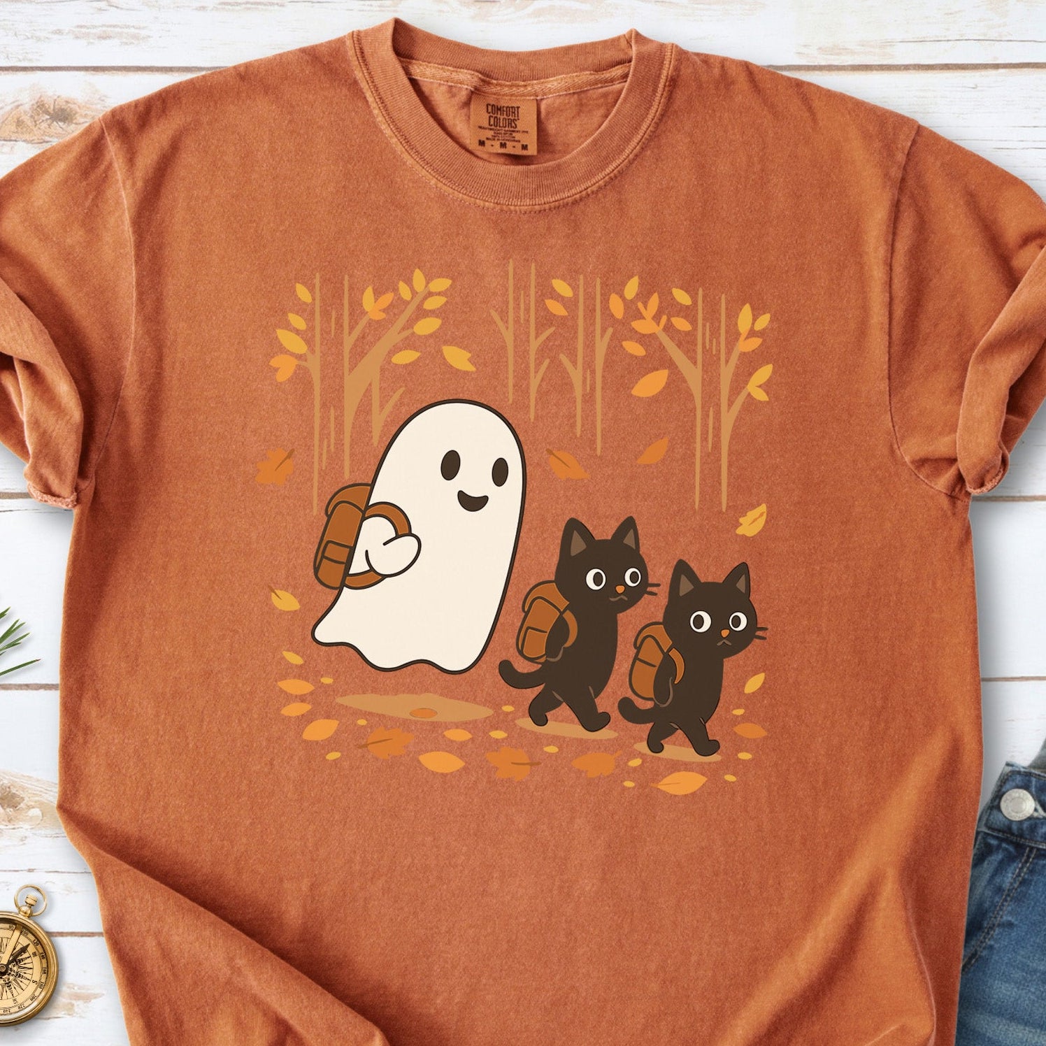 Autumn Ghost & Black Cats Comfort Colors Shirt – Cozy Spooky Hiking Vibes